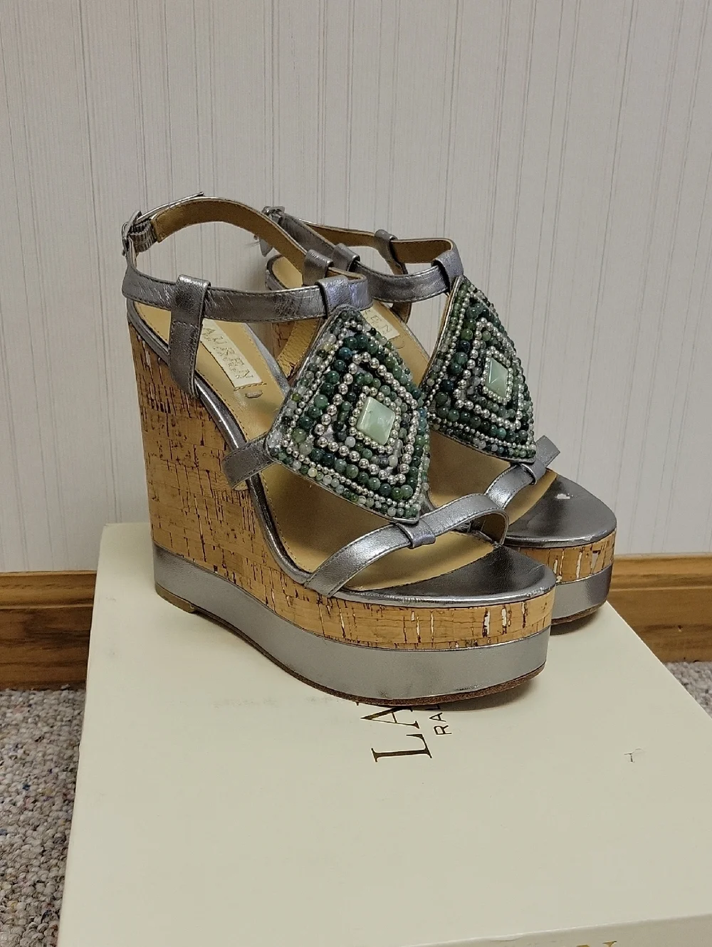 Lauren Ralph Lauren Embellished Silver Cork Wedge Mattie Sandals 6.5 Festival
